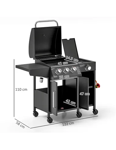 Outsunny 3+1 Burner Gas BBQ Grill with Storage Cabinet and Shelves, 9.5 kW Gas Barbecue Trolley with 6 Castor Wheels, Warming Ra