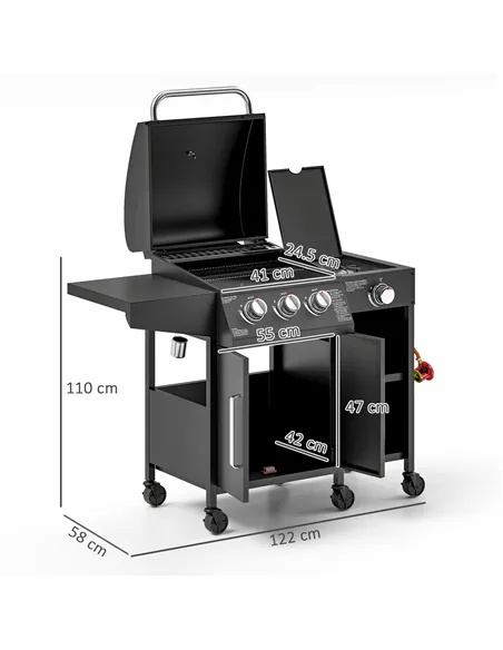 Outsunny 3+1 Burner Gas BBQ Grill with Storage Cabinet and Shelves, 9.5 kW Gas Barbecue Trolley with 6 Castor Wheels, Warming Ra