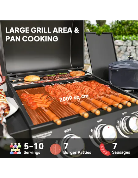 Outsunny 3+1 Burner Gas BBQ Grill with Storage Cabinet and Shelves, 9.5 kW Gas Barbecue Trolley with 6 Castor Wheels, Warming Ra