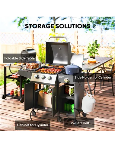 Outsunny 3+1 Burner Gas BBQ Grill with Storage Cabinet and Shelves, 9.5 kW Gas Barbecue Trolley with 6 Castor Wheels, Warming Ra