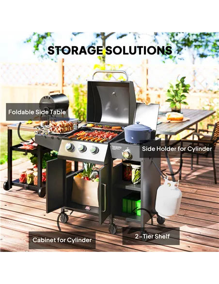 Outsunny 3+1 Burner Gas BBQ Grill with Storage Cabinet and Shelves, 9.5 kW Gas Barbecue Trolley with 6 Castor Wheels, Warming Ra