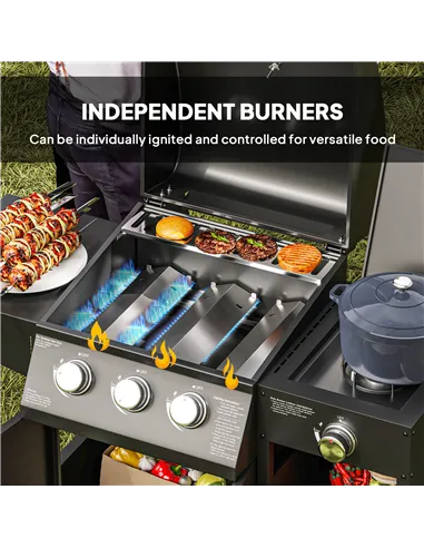 Outsunny 3+1 Burner Gas BBQ Grill with Storage Cabinet and Shelves, 9.5 kW Gas Barbecue Trolley with 6 Castor Wheels, Warming Ra