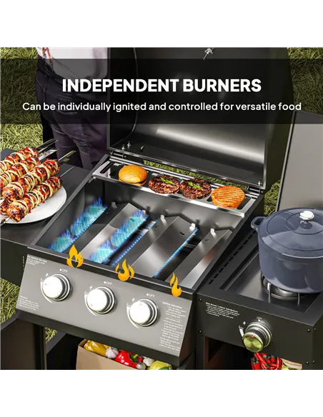 Outsunny 3+1 Burner Gas BBQ Grill with Storage Cabinet and Shelves, 9.5 kW Gas Barbecue Trolley with 6 Castor Wheels, Warming Ra