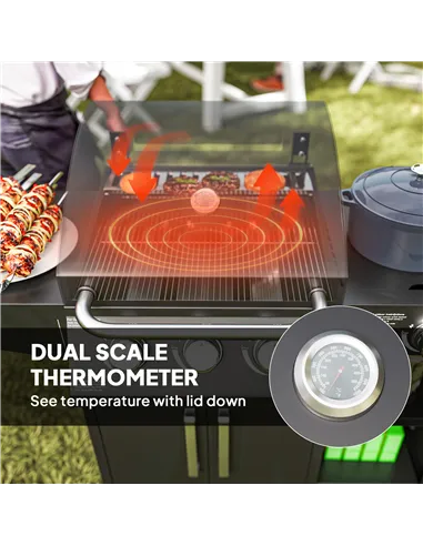 Outsunny 3+1 Burner Gas BBQ Grill with Storage Cabinet and Shelves, 9.5 kW Gas Barbecue Trolley with 6 Castor Wheels, Warming Ra