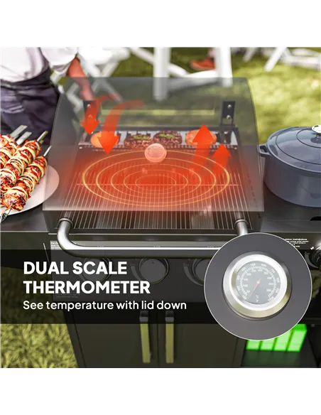 Outsunny 3+1 Burner Gas BBQ Grill with Storage Cabinet and Shelves, 9.5 kW Gas Barbecue Trolley with 6 Castor Wheels, Warming Ra