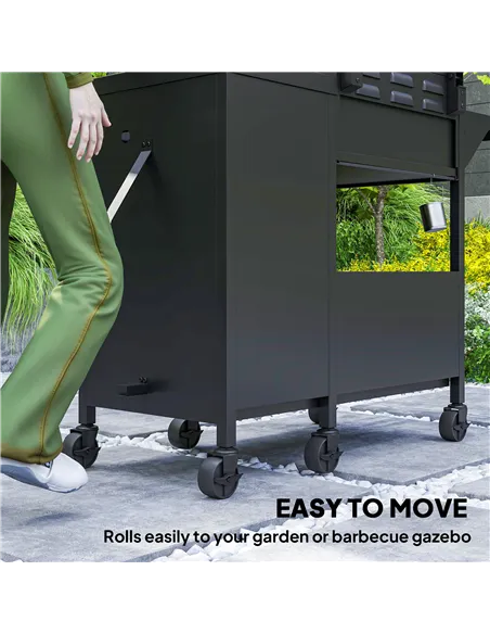 Outsunny 3+1 Burner Gas BBQ Grill with Storage Cabinet and Shelves, 9.5 kW Gas Barbecue Trolley with 6 Castor Wheels, Warming Ra