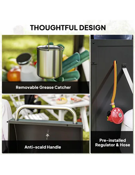 Outsunny 3+1 Burner Gas BBQ Grill with Storage Cabinet and Shelves, 9.5 kW Gas Barbecue Trolley with 6 Castor Wheels, Warming Ra