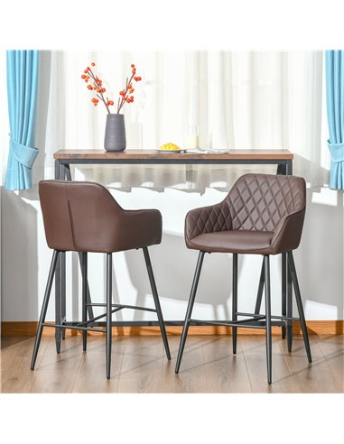 HOMCOM Set of 2 Bar stools Retro PU Leather Bar Chairs w/ Footrest Metal Frame Comfort Support Stylish Dining Seating Home Brown