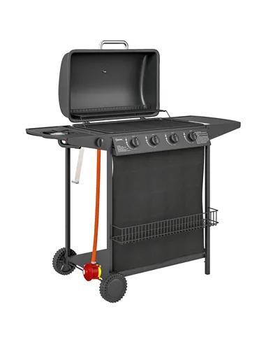 Outsunny 4+1 Burner Gas BBQ Grill, Portable Gas Barbecue Grill with Built-in Thermometer, Lid, Side Table, Shelf, Spice Rack, Wh