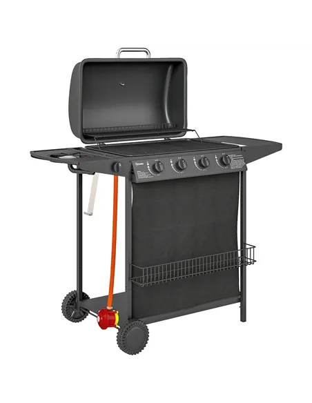 Outsunny 4+1 Burner Gas BBQ Grill, Portable Gas Barbecue Grill with Built-in Thermometer, Lid, Side Table, Shelf, Spice Rack, Wh