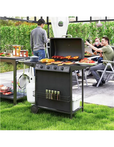 Outsunny 4+1 Burner Gas BBQ Grill, Portable Gas Barbecue Grill with Built-in Thermometer, Lid, Side Table, Shelf, Spice Rack, Wh