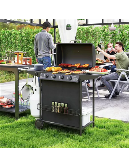 Outsunny 4+1 Burner Gas BBQ Grill, Portable Gas Barbecue Grill with Built-in Thermometer, Lid, Side Table, Shelf, Spice Rack, Wh