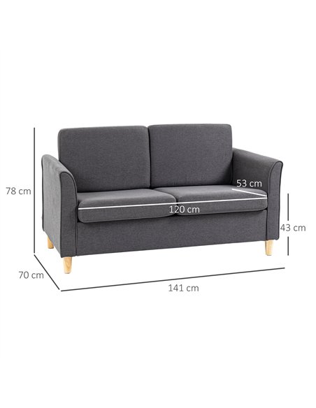 HOMCOM Compact Loveseat Sofa, Modern 2 Seater Sofa for Living Room with Wood Legs and Armrests, Dark Grey