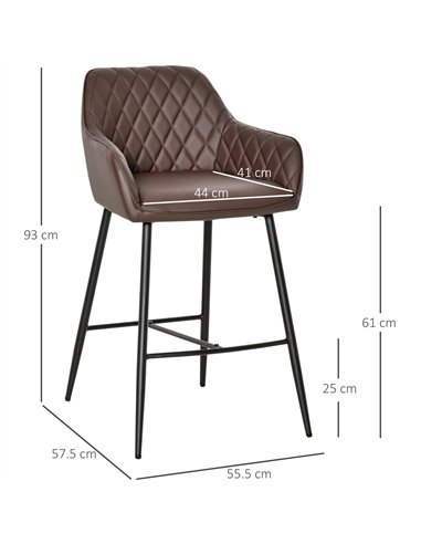 HOMCOM Set of 2 Bar stools Retro PU Leather Bar Chairs w/ Footrest Metal Frame Comfort Support Stylish Dining Seating Home Brown