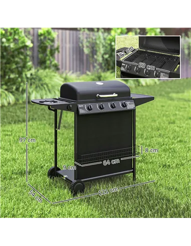 Outsunny 4+1 Burner Gas BBQ Grill, Portable Gas Barbecue Grill with Built-in Thermometer, Lid, Side Table, Shelf, Spice Rack, Wh