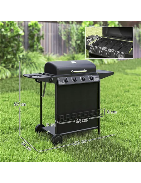 Outsunny 4+1 Burner Gas BBQ Grill, Portable Gas Barbecue Grill with Built-in Thermometer, Lid, Side Table, Shelf, Spice Rack, Wh