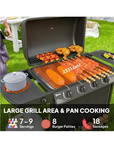 Outsunny 4+1 Burner Gas BBQ Grill, Portable Gas Barbecue Grill with Built-in Thermometer, Lid, Side Table, Shelf, Spice Rack, Wh