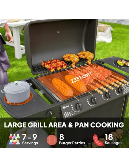 Outsunny 4+1 Burner Gas BBQ Grill, Portable Gas Barbecue Grill with Built-in Thermometer, Lid, Side Table, Shelf, Spice Rack, Wh