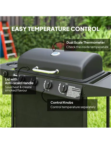 Outsunny 4+1 Burner Gas BBQ Grill, Portable Gas Barbecue Grill with Built-in Thermometer, Lid, Side Table, Shelf, Spice Rack, Wh