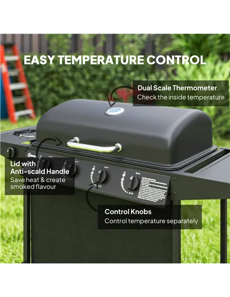 Outsunny 4+1 Burner Gas BBQ Grill, Portable Gas Barbecue Grill with Built-in Thermometer, Lid, Side Table, Shelf, Spice Rack, Wh