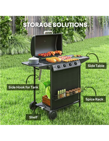Outsunny 4+1 Burner Gas BBQ Grill, Portable Gas Barbecue Grill with Built-in Thermometer, Lid, Side Table, Shelf, Spice Rack, Wh