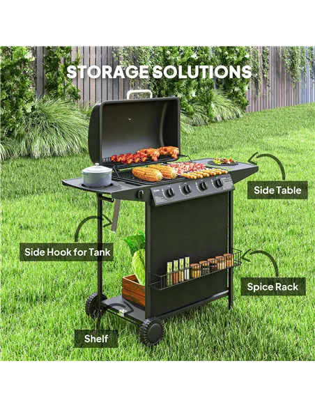 Outsunny 4+1 Burner Gas BBQ Grill, Portable Gas Barbecue Grill with Built-in Thermometer, Lid, Side Table, Shelf, Spice Rack, Wh