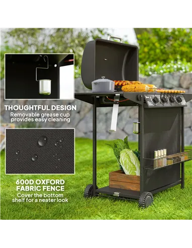 Outsunny 4+1 Burner Gas BBQ Grill, Portable Gas Barbecue Grill with Built-in Thermometer, Lid, Side Table, Shelf, Spice Rack, Wh