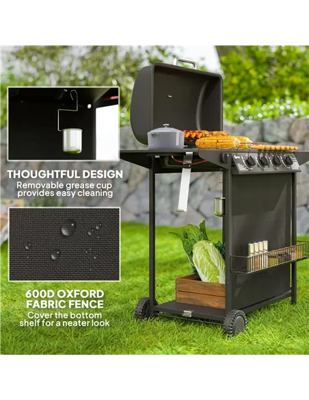 Outsunny 4+1 Burner Gas BBQ Grill, Portable Gas Barbecue Grill with Built-in Thermometer, Lid, Side Table, Shelf, Spice Rack, Wh