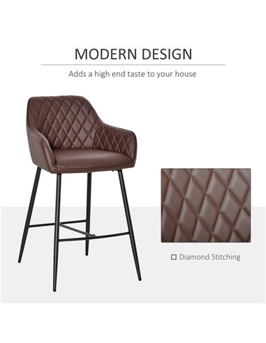 HOMCOM Set of 2 Bar stools Retro PU Leather Bar Chairs w/ Footrest Metal Frame Comfort Support Stylish Dining Seating Home Brown