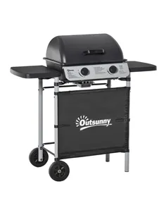 Outsunny 2 Burner Gas BBQ Trolley with Lid, 5.6 kW Gas Barbecue Grill with Wheels, Side Shelves, Grey
