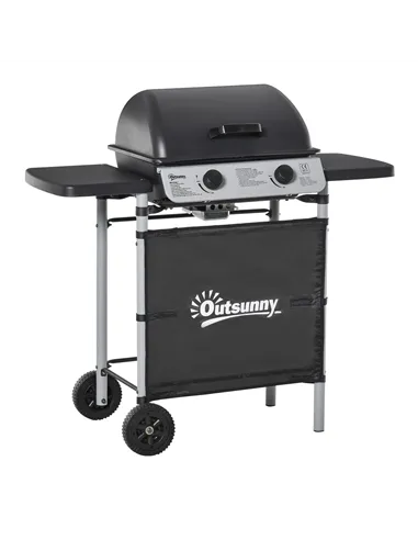 Outsunny 2 Burner Gas BBQ Trolley with Lid, 5.6 kW Gas Barbecue Grill with Wheels, Side Shelves, Grey