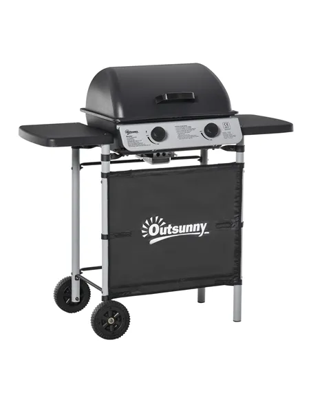 Outsunny 2 Burner Gas BBQ Trolley with Lid, 5.6 kW Gas Barbecue Grill with Wheels, Side Shelves, Grey