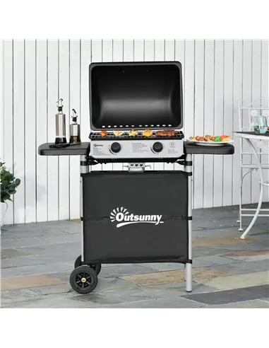 Outsunny 2 Burner Gas BBQ Trolley with Lid, 5.6 kW Gas Barbecue Grill with Wheels, Side Shelves, Grey