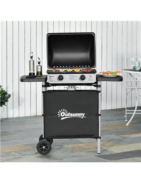 Outsunny 2 Burner Gas BBQ Trolley with Lid, 5.6 kW Gas Barbecue Grill with Wheels, Side Shelves, Grey