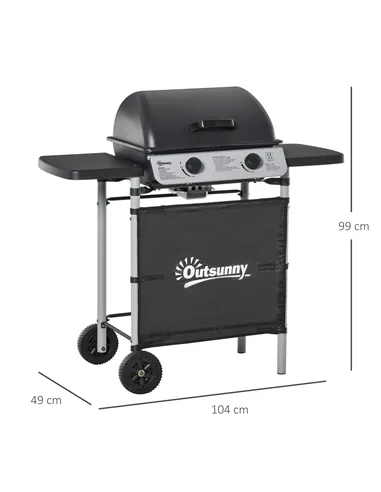 Outsunny 2 Burner Gas BBQ Trolley with Lid, 5.6 kW Gas Barbecue Grill with Wheels, Side Shelves, Grey