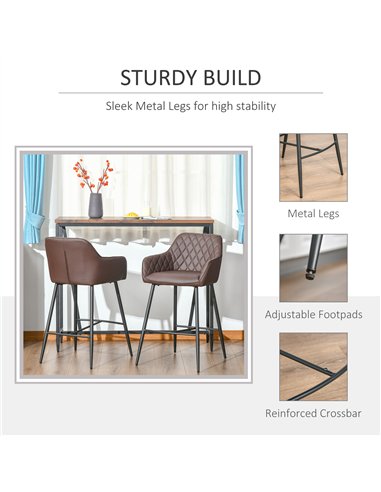 HOMCOM Set of 2 Bar stools Retro PU Leather Bar Chairs w/ Footrest Metal Frame Comfort Support Stylish Dining Seating Home Brown