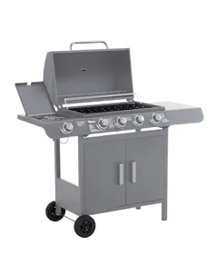 Outsunny 4+1 Burner Gas BBQ Grill, Outdoor Barbecue Trolley with Wheels, Warming Rack, Side Shelves, Cabinet, Thermometer for Ga