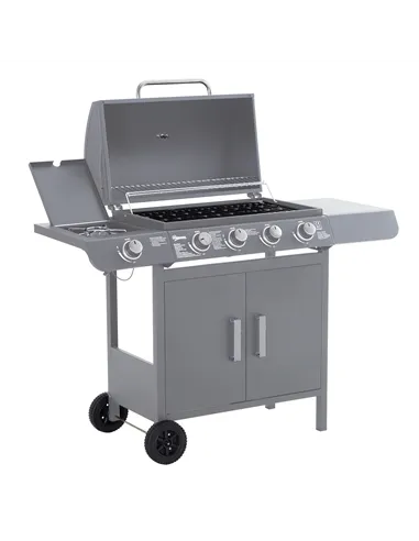 Outsunny 4+1 Burner Gas BBQ Grill, Outdoor Barbecue Trolley with Wheels, Warming Rack, Side Shelves, Cabinet, Thermometer for Ga