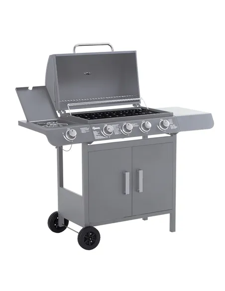 Outsunny 4+1 Burner Gas BBQ Grill, Outdoor Barbecue Trolley with Wheels, Warming Rack, Side Shelves, Cabinet, Thermometer for Ga