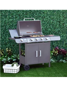 Outsunny 4+1 Burner Gas BBQ Grill, Outdoor Barbecue Trolley with Wheels, Warming Rack, Side Shelves, Cabinet, Thermometer for Ga 2