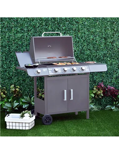 Outsunny 4+1 Burner Gas BBQ Grill, Outdoor Barbecue Trolley with Wheels, Warming Rack, Side Shelves, Cabinet, Thermometer for Ga