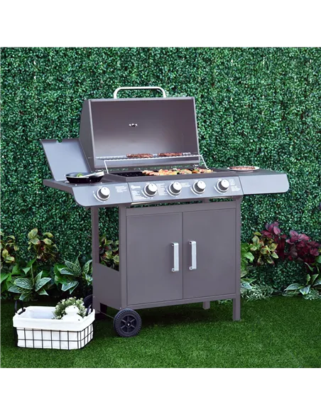 Outsunny 4+1 Burner Gas BBQ Grill, Outdoor Barbecue Trolley with Wheels, Warming Rack, Side Shelves, Cabinet, Thermometer for Ga