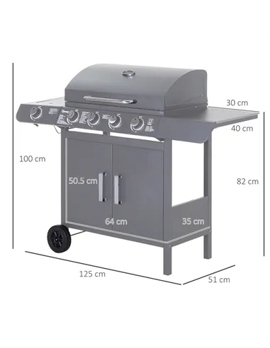 Outsunny 4+1 Burner Gas BBQ Grill, Outdoor Barbecue Trolley with Wheels, Warming Rack, Side Shelves, Cabinet, Thermometer for Ga