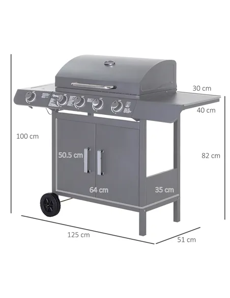 Outsunny 4+1 Burner Gas BBQ Grill, Outdoor Barbecue Trolley with Wheels, Warming Rack, Side Shelves, Cabinet, Thermometer for Ga