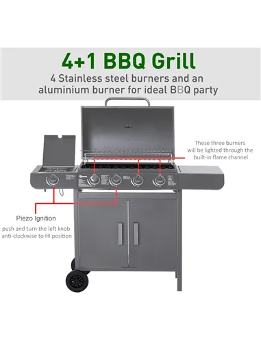 Outsunny 4+1 Burner Gas BBQ Grill, Outdoor Barbecue Trolley with Wheels, Warming Rack, Side Shelves, Cabinet, Thermometer for Ga
