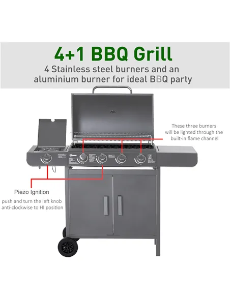 Outsunny 4+1 Burner Gas BBQ Grill, Outdoor Barbecue Trolley with Wheels, Warming Rack, Side Shelves, Cabinet, Thermometer for Ga