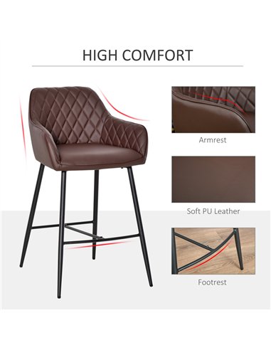 HOMCOM Set of 2 Bar stools Retro PU Leather Bar Chairs w/ Footrest Metal Frame Comfort Support Stylish Dining Seating Home Brown