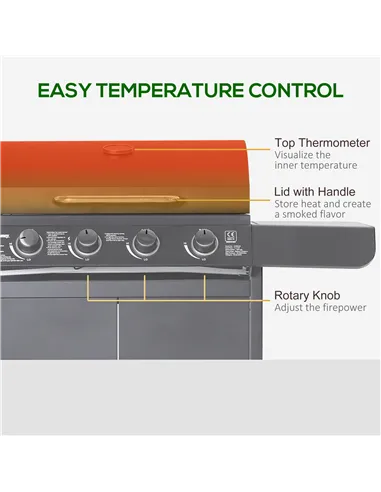 Outsunny 4+1 Burner Gas BBQ Grill, Outdoor Barbecue Trolley with Wheels, Warming Rack, Side Shelves, Cabinet, Thermometer for Ga