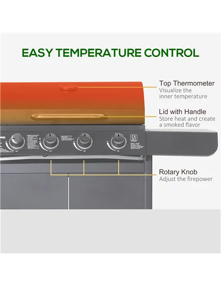 Outsunny 4+1 Burner Gas BBQ Grill, Outdoor Barbecue Trolley with Wheels, Warming Rack, Side Shelves, Cabinet, Thermometer for Ga