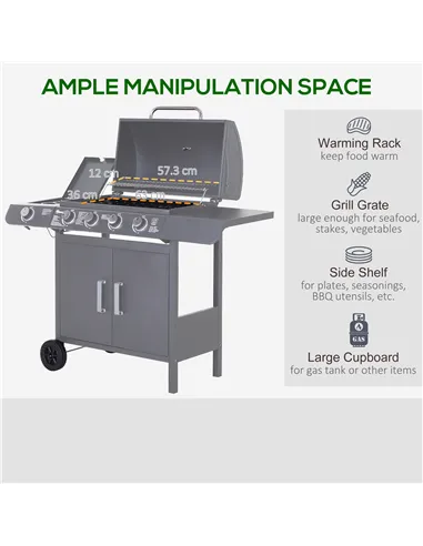 Outsunny 4+1 Burner Gas BBQ Grill, Outdoor Barbecue Trolley with Wheels, Warming Rack, Side Shelves, Cabinet, Thermometer for Ga